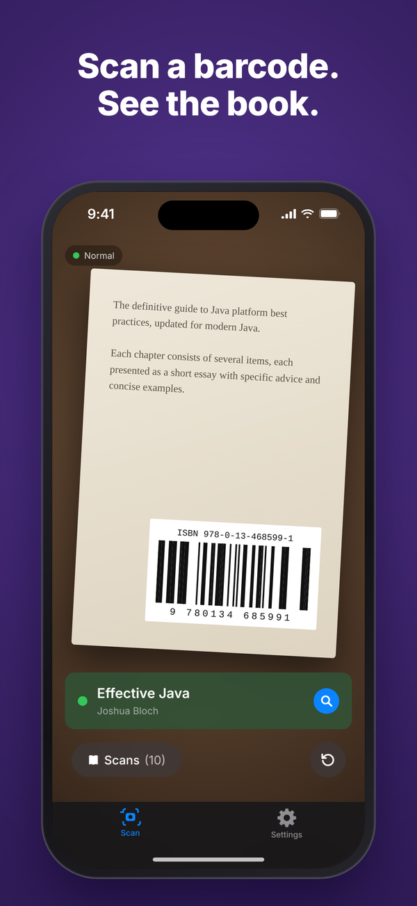 iPhone after a barcode scan, showing the book's title and author