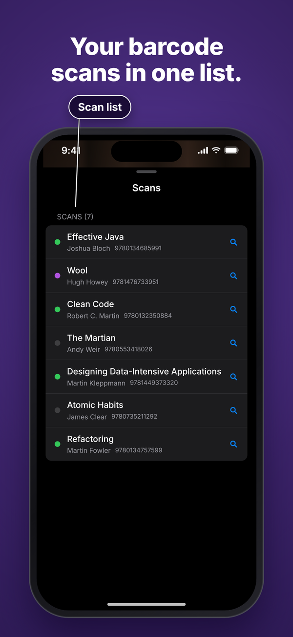 Scan list showing the title, author and ISBN of each scanned book